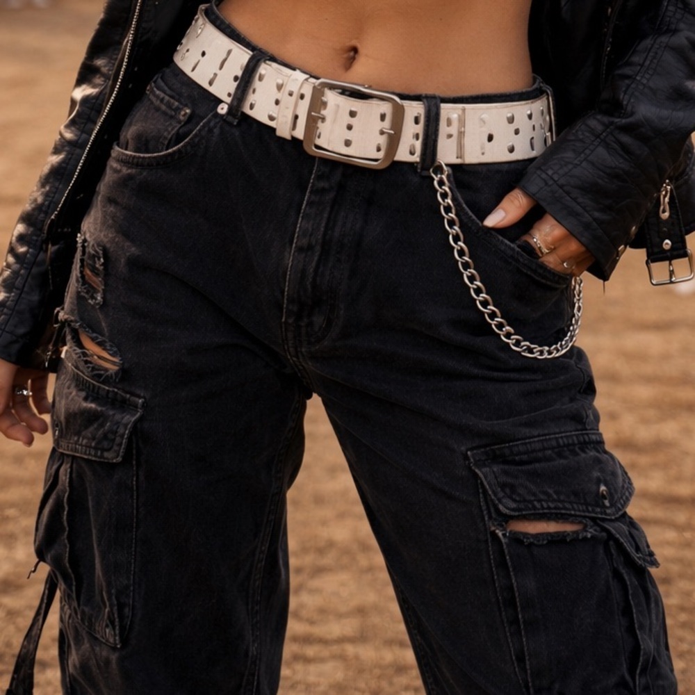 Vintage LEVIS White Studded Leather Belt Wide Punk Rocker Goth Grunge Rustic